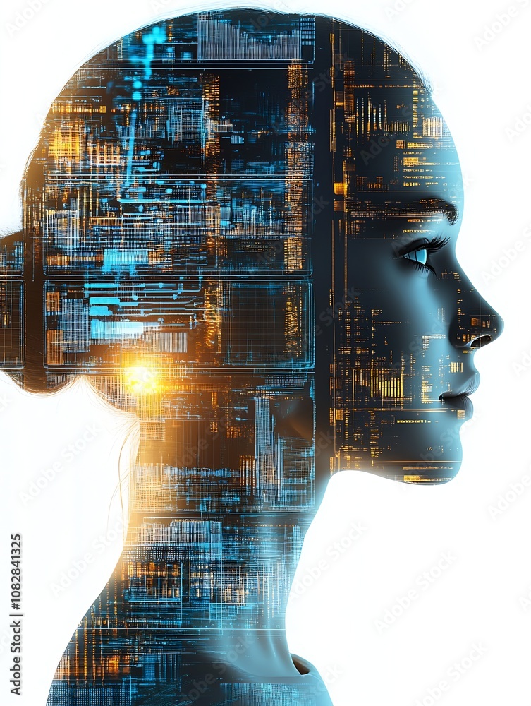 Aufkleber Abstract Profile Silhouette with Complex Digital Circuitry Representing Technology Fusion : Generative AI