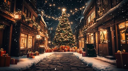 Fototapeta premium Snowy Christmas Eve in Quaint Old Town with Festive Tree and Gift Lined Pathway : Generative AI