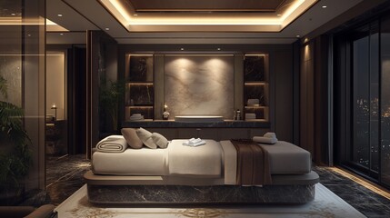 Modern spa treatment room with a massage table, towels, and a view of the city at night.