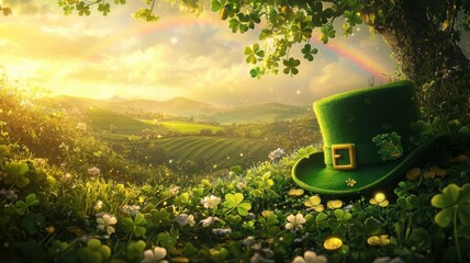Irish Landscape with Rainbow and Shamrock Border