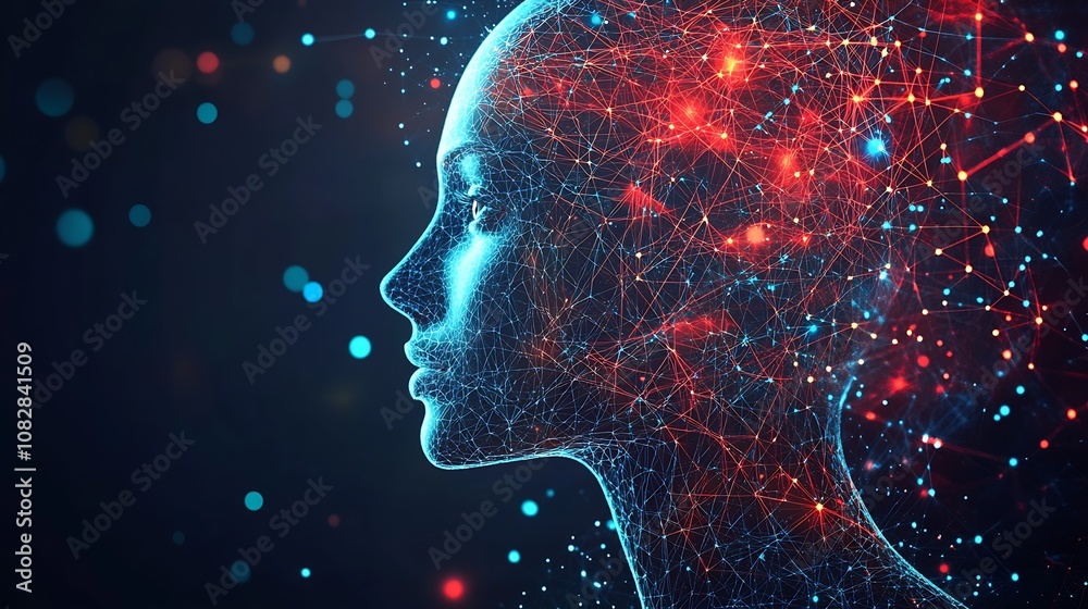 Poster Futuristic Abstract Digital Neural Network in Human Head Profile Visualization : Generative AI
