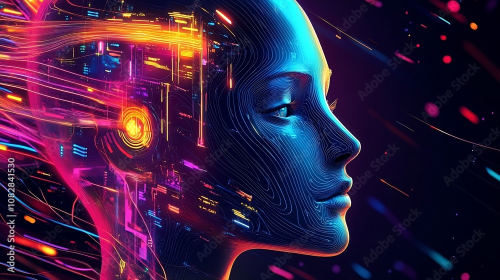Poster futuristic ai head with vivid cybernetic elements and digital colors : generative ai