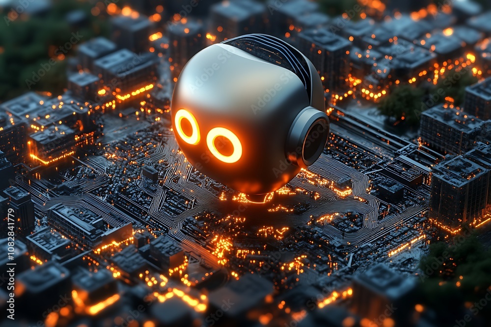 Aufkleber Futuristic AI Robot Hovering Over Illuminated Circuit Board in Cityscape : Generative AI