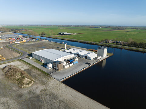 Aerial drone video of a CO2 extraction installation, storage underground to prevent global warming. Alkmaar, The Netherlands.