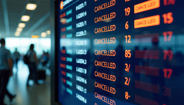 Cancelled Flights Display at Airport Terminal - A Busy Travel Scene