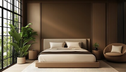 Stylish Bedroom Design with Neutral Colors and Cozy Ambiance Featuring Green Plants : Generative AI