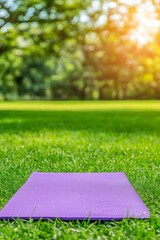 A serene yoga mat on a grassy field surrounded by beautiful trees in a tranquil outdoor setting