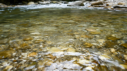 Mesmerizing close-up of clear and serene flowing water in a river, creating a soothing and calming effect. Serene. Illustration