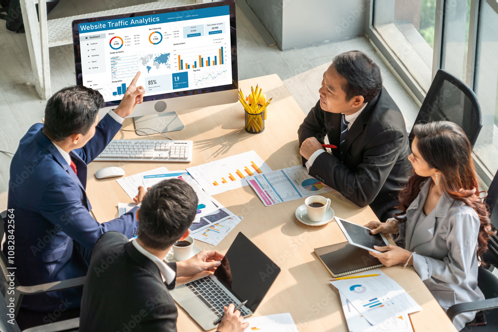 Poster computer software for website traffic analytics data on computer screen. concept of seo search engin