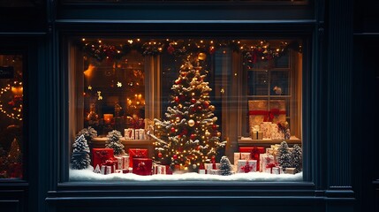 Charming Nighttime Christmas Storefront with Decorated Tree and Wrapped Gifts : Generative AI