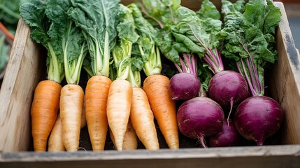 Mix of fresh carrots and purple turnips with leafy tops in a wooden box : Generative AI