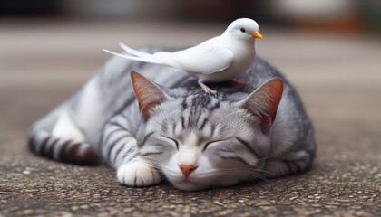 A serene image depicting friendship, peace, and tranquility.  A white bird rests on a sleeping grey tabby cat, symbolizing harmony, companionship, and nature's gentle beauty.