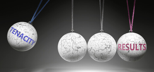 Tenacity and Results - cause and effect relationship. A Newton cradle metaphor showing how tenacity results in results. It initiates results. ,3d illustration