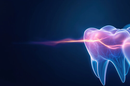 A glowing digital representation of a tooth with energy waves in a dark background