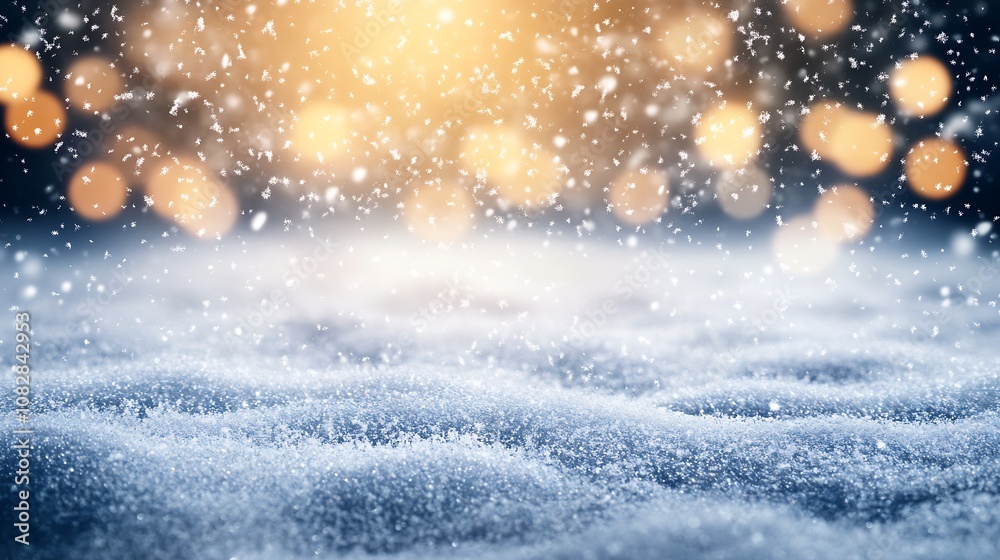 Poster icy winter scene with glistening snow and warm bokeh lights in background : generative ai