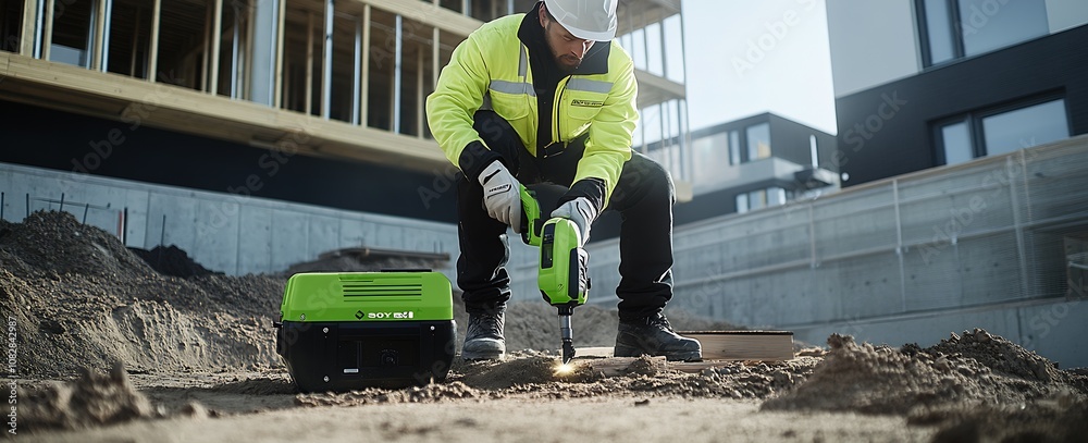 Poster Worker Operating Impact Drill on Urban Construction Site During Day Amidst Modern Architecture : Generative AI