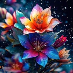 Stunning floral imagery with intense colors, creating striking visual impact. Delicate water droplets enhance texture. For greeting card, artistic project needing burst of color, natural elegance.