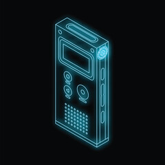 Isometric digital voice recorder glowing with blue neon light on black background