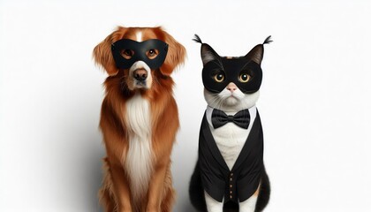 Fototapeta premium A playful image of a dog and cat wearing masks and formal wear, symbolizing mystery, teamwork, elegance, fun, and friendship.