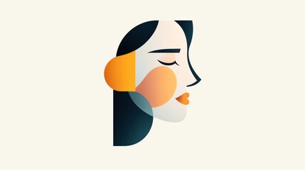 Abstract geometric illustration of a woman's side profile in a minimalist style with bold colors including orange, blue, and cream highlights on a light background.