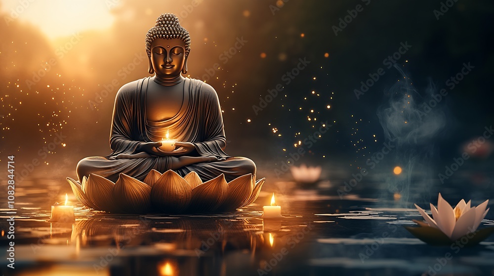 Poster serene buddha statue meditation with candlelight and floating lotus flowers at dusk on tranquil wate