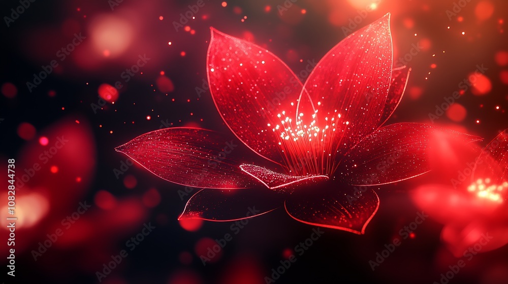 Poster Vivid Red Floral Fantasy Bloom with Luminous Effects and Mystical Background : Generative AI