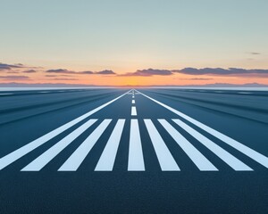 airport runway with clear white markings and a sunrise lighting the sky. symbolizing travel and new journey.

