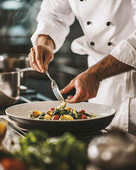 n chef habillé en tenue professionnelle dresse une assiette de légumes colorés et frais, manipulant délicatement la présentation avec une fourchette dans une cuisine gastronomique
