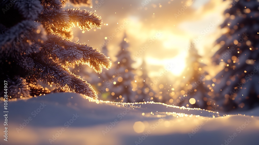 Poster golden sunlight illuminating snow-covered forest with pine trees : generative ai