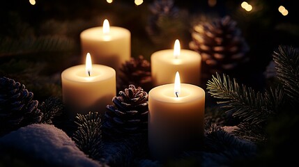 Warm Candlelit Holiday Decor with Pinecones and Pine Branches for Cozy Winter Evenings : Generative AI