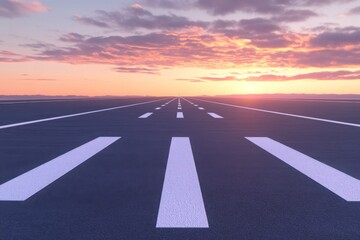 Fototapeta premium airport runway with clear white markings and a sunrise lighting the sky. symbolizing travel and new journey. 