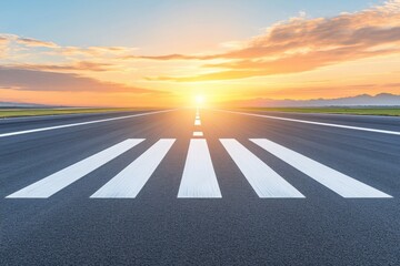 Fototapeta premium airport runway with clear white markings and a sunrise lighting the sky. symbolizing travel and new journey. 