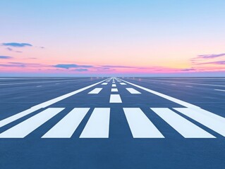 airport runway with clear white markings and a sunrise lighting the sky. symbolizing travel and new journey.
