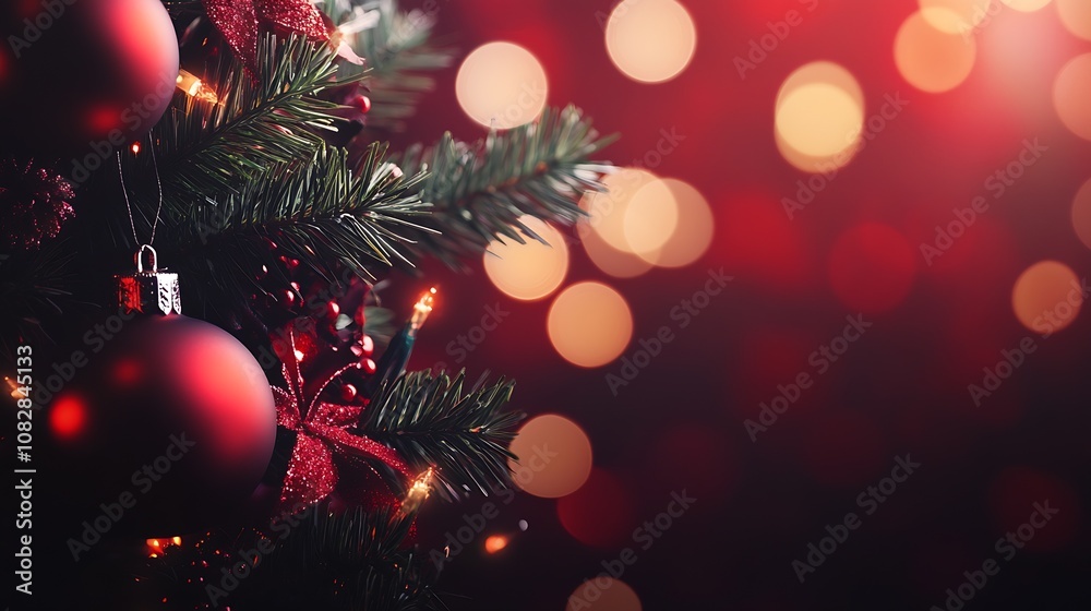 Poster festive red and green christmas tree with twinkling lights and ornaments background : generative ai