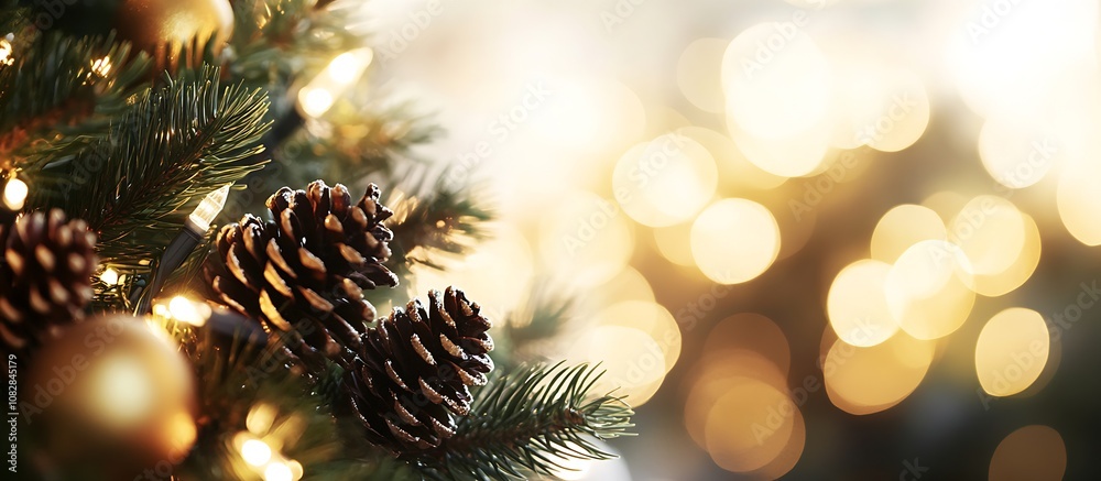 Leinwandbilder glittering pinecones and ornaments on christmas tree with soft light bokeh : generative ai