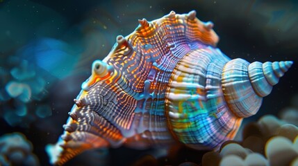 Nautilus shell highlighted in an abstract setting, showcasing its detailed swirl. The shell's geometric design is a beautiful display of nature.