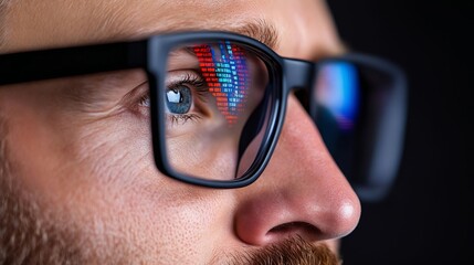 A man wearing glasses looking at a computer screen with binary code on it
