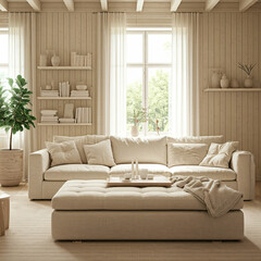 Fototapeta premium A serene and minimalist living room with a focus on neutral tones and natural light. A large sofa in a soft beige hue dominates the space, creating a comfortable seating area