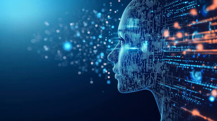 Digital human profile with data streams and glowing particles, symbolizing artificial intelligence and technology