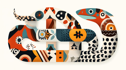 Obraz premium Abstract illustration of a snake with geometric patterns and vibrant colors, featuring red, blue, and yellow designs in a modern, artistic style.