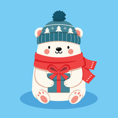 Cute Christmas Polar Bear Holding Gift Box. The bear is wearing a cozy winter hat with a Christmas pattern and a red scarf. Festive holiday feel, perfect for Christmas and winter-themed designs.