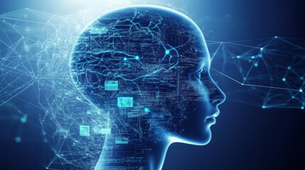 Obraz premium futuristic digital representation of human head with neural connections and data streams, symbolizing artificial intelligence and technology