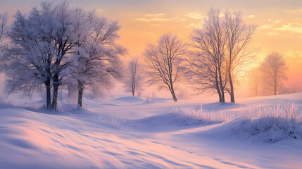 A serene winter landscape with soft light and gentle snow drifts, creating a peaceful and tranquil atmosphere at sunrise. Serene. Illustration