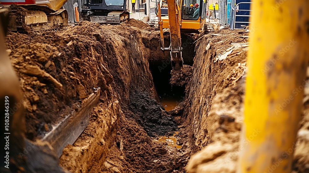 Poster Heavy Machinery Excavating a Deep Trench in a Construction Site for Infrastructure Development : Generative AI