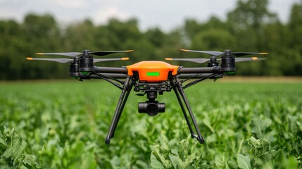 Drone flying over a green field.