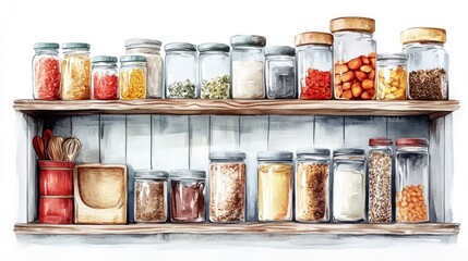 A Watercolor Painting of a Rustic Kitchen Shelf Filled with Various Dried Foods in Glass Jars.