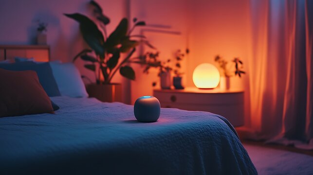 A cozy bedroom scene where an AI-powered smart speaker is playing soothing music, with ambient lighting automatically adjusted for relaxation 