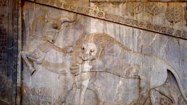 Stone wall featuring detailed carvings of ancient persian soldiers marching in formation at persepolis