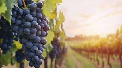 Fototapeta premium Ripe grapes hanging in a sunlit vineyard.