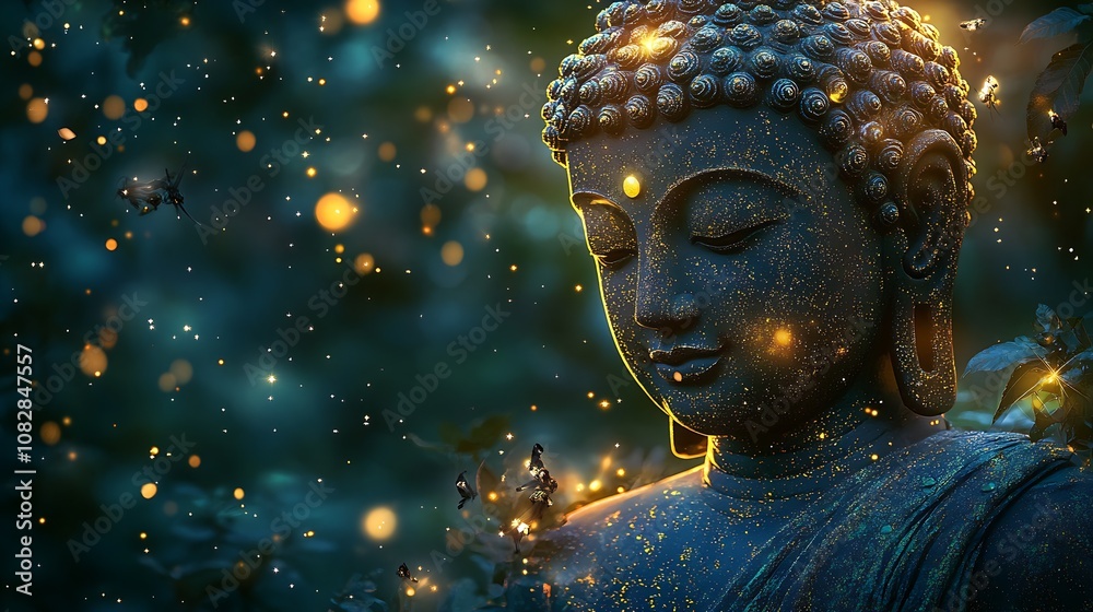 Poster peaceful buddha statue illuminated by gentle light in serene natural environment : generative ai